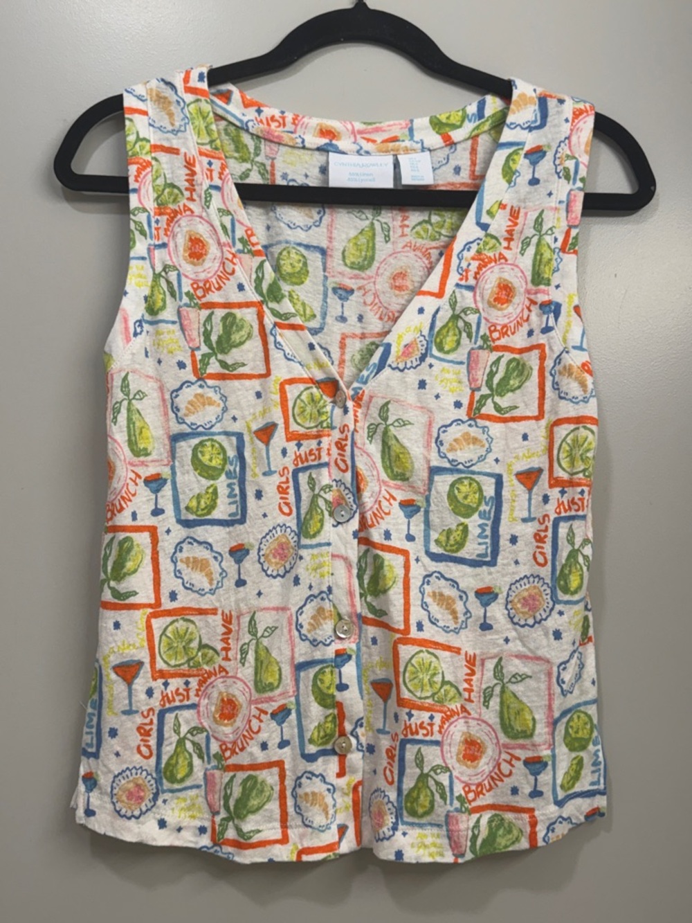 Cynthia Rowley Citrus Print Button Tank White Multi Summer Top